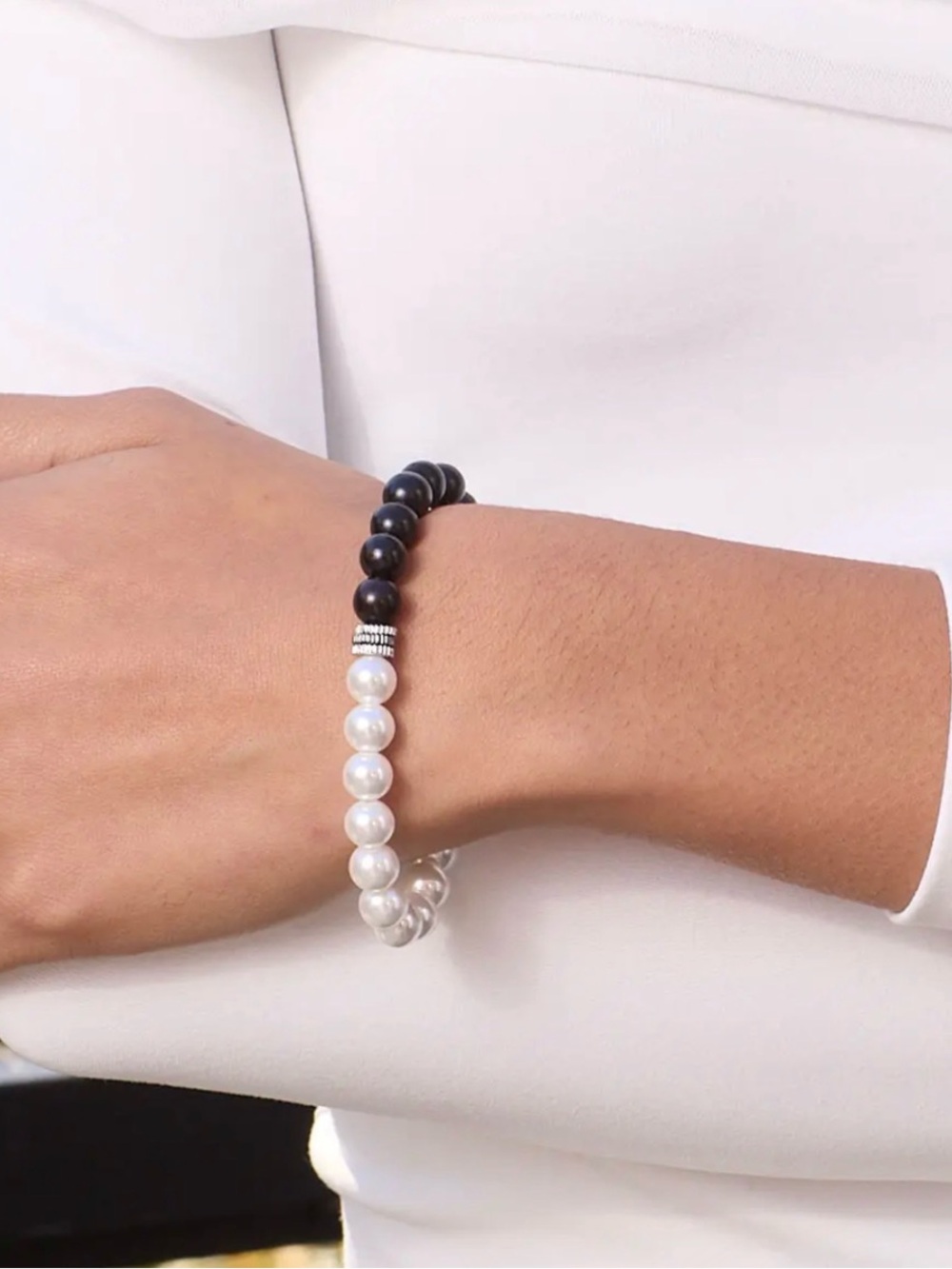 NWT Park Lane Noir Black and White Beaded Bracelet with Silver Accents - Picture 2 of 8